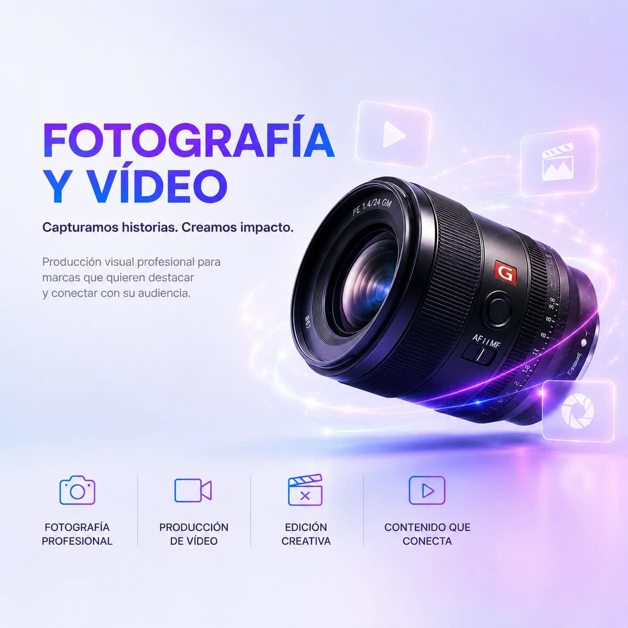 Objetivo de cámara profesional en primer plano con los iconos de reproducción y galería alrededor