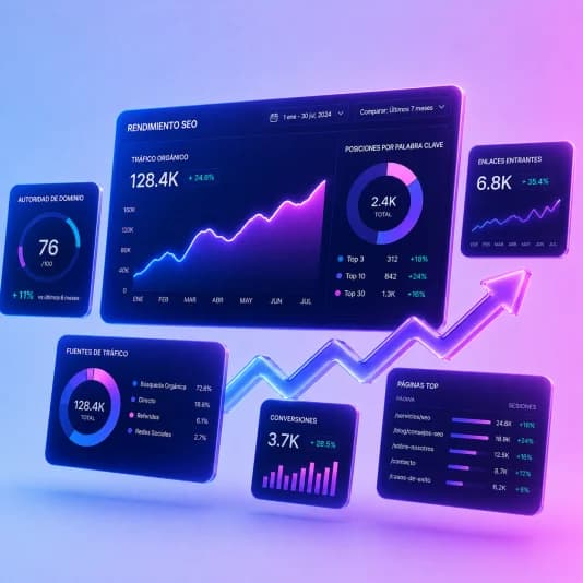 Panel de posicionamiento con la gráfica de tráfico subiendo y las palabras clave en las primeras posiciones